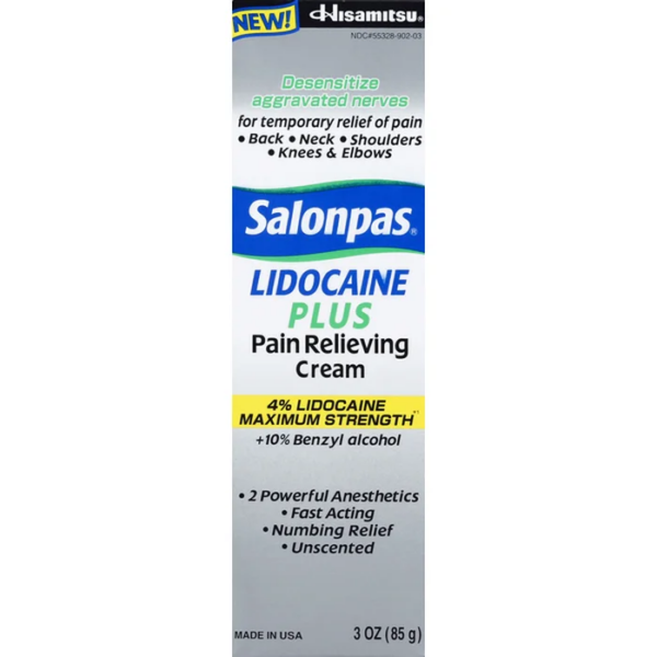 Salonpas Pain Relieving Cream, Lidocaine Plus, Maximum Strength 3oz