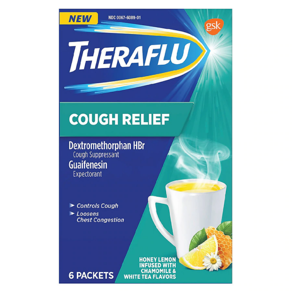 TheraFlu Cough Relief Hot Liquid Powder Honey Lemon Infused with Chamomile & Whi